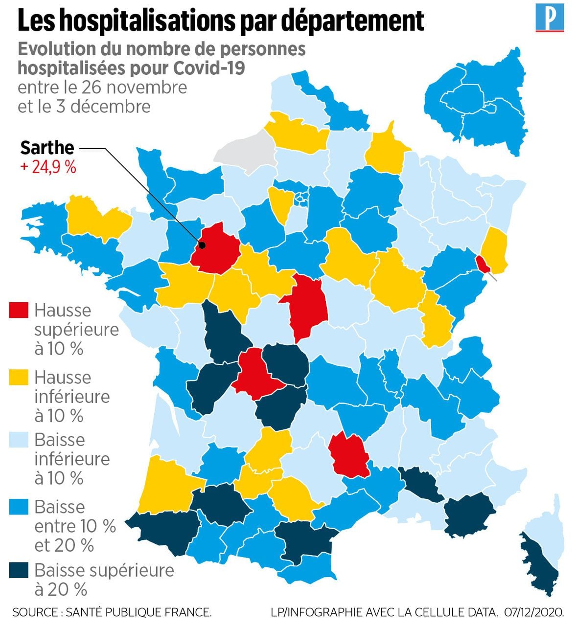 法國新冠肺炎住院數各地區變化（2020 年 11 月 26 日與 12 月 3 日之間）