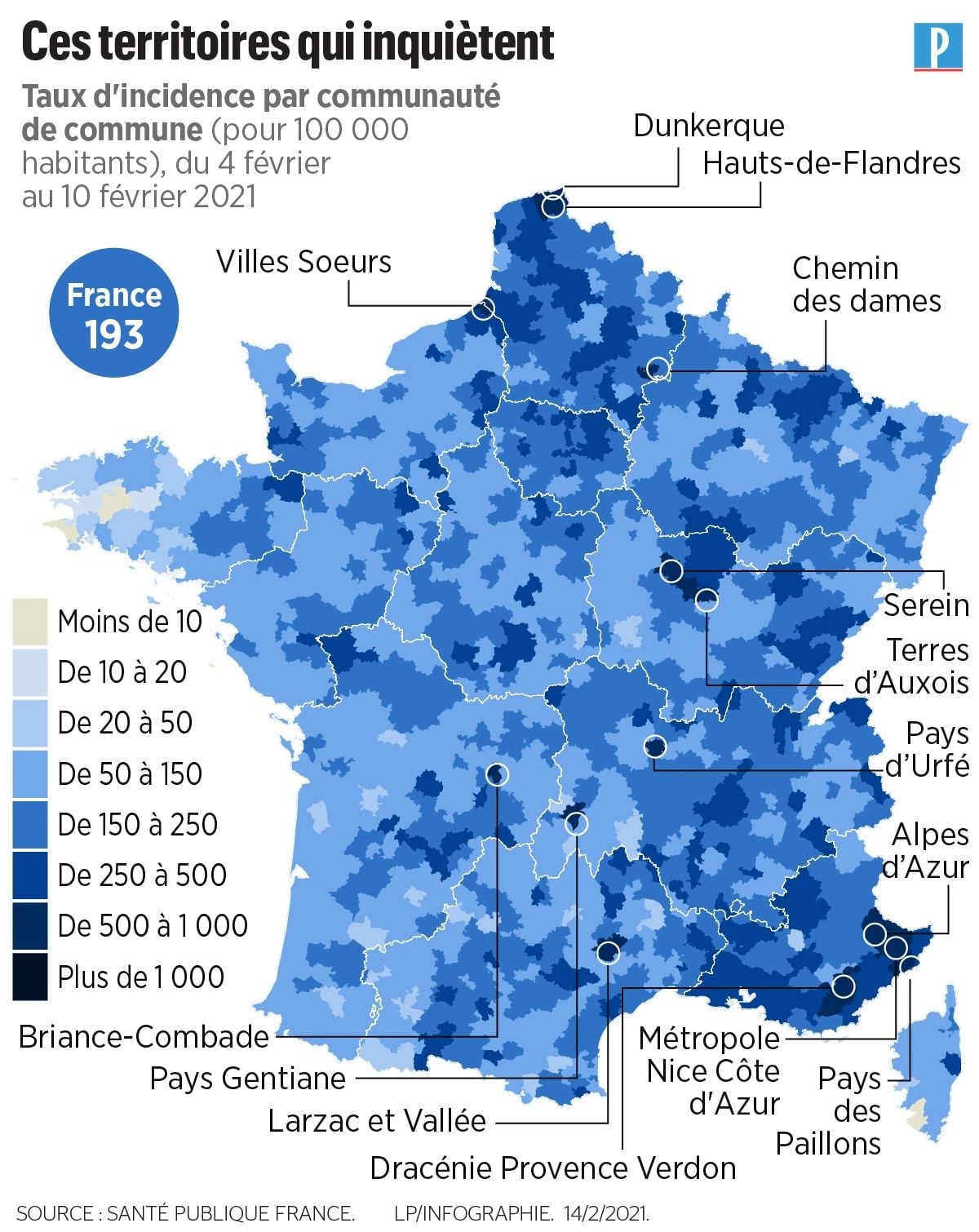 2021 年 2 月 4 日到 10 日法國市鎮公共社區每 10 萬人確診數 (Le Parisien)