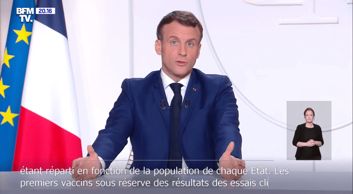 2020 年 11 月 24 日晚上法国总统 Macron 发表公开演说（来源：脸书视频）